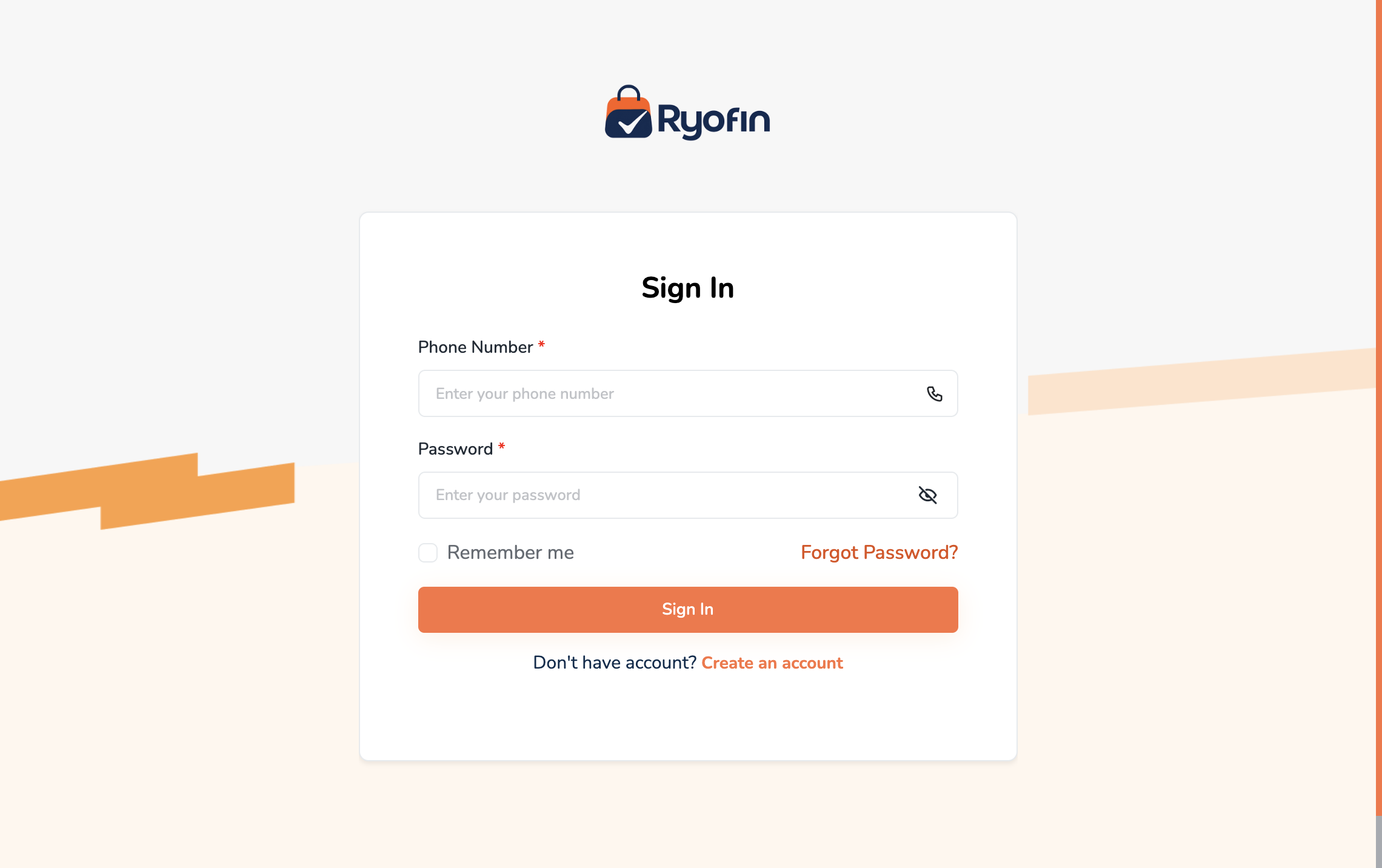 Login page with phone number, password, and Remember me