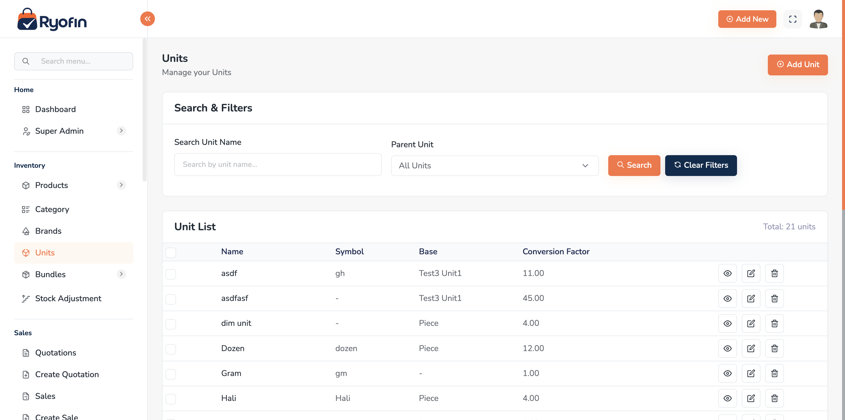 Product list with filters and stock columns