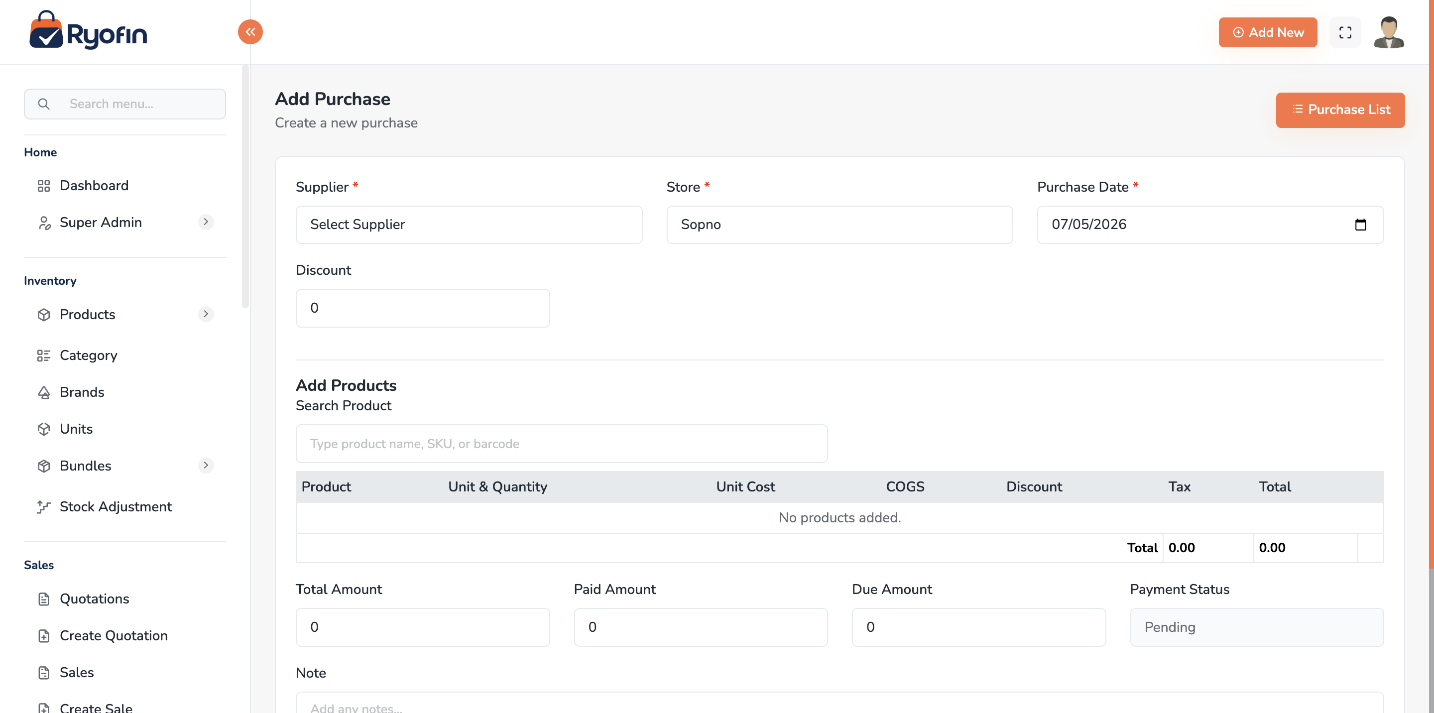 Create sale form