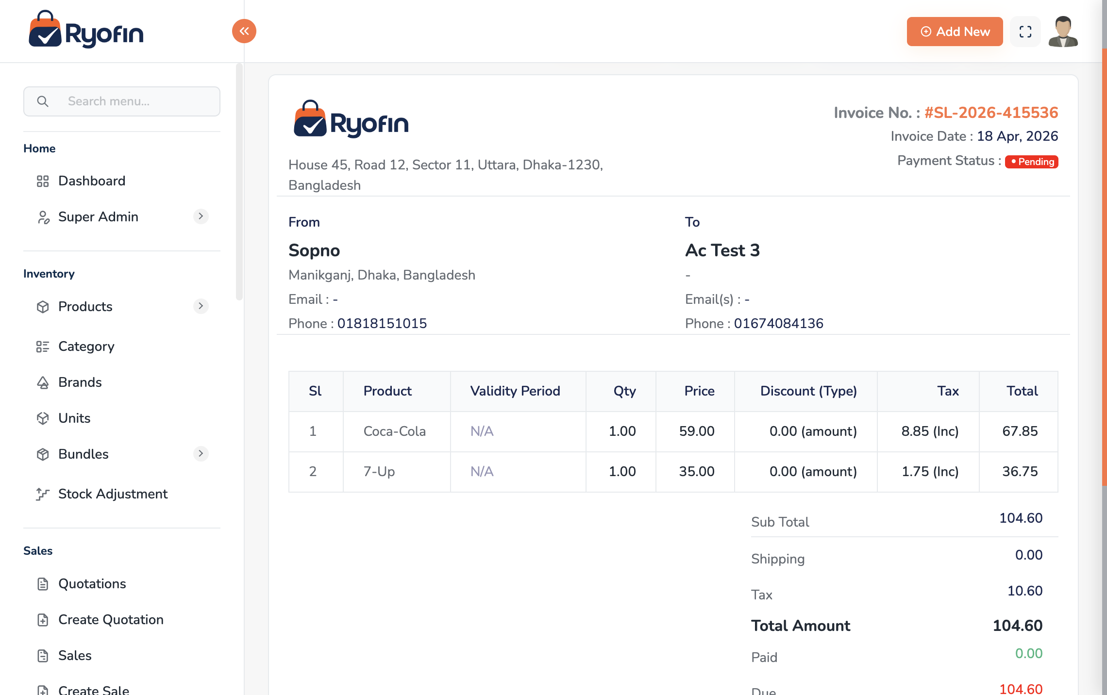 Sale invoice PDF preview