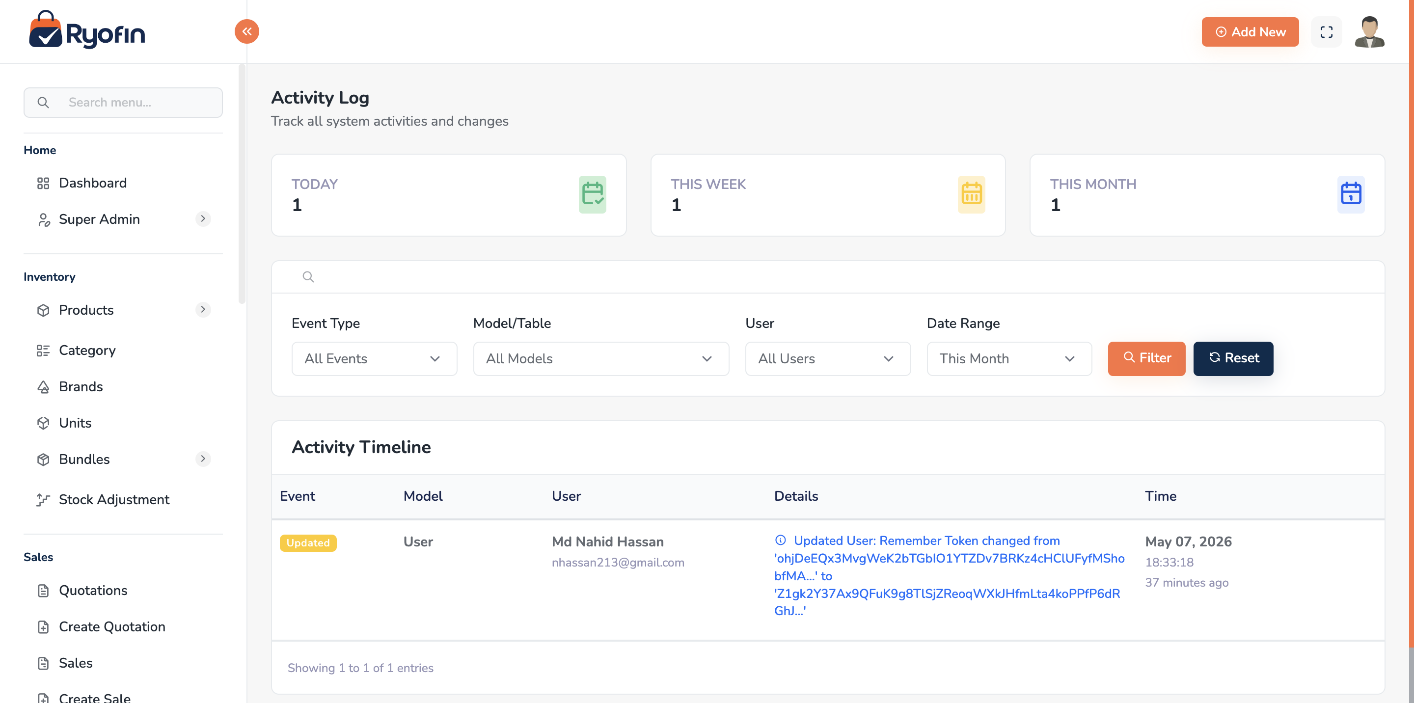 Activity log list with filters