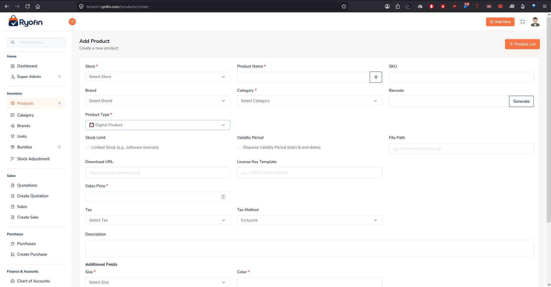 Add Product form — Digital type showing Stock Limit, Validity Period, File Path, Download URL, and License Key Template
