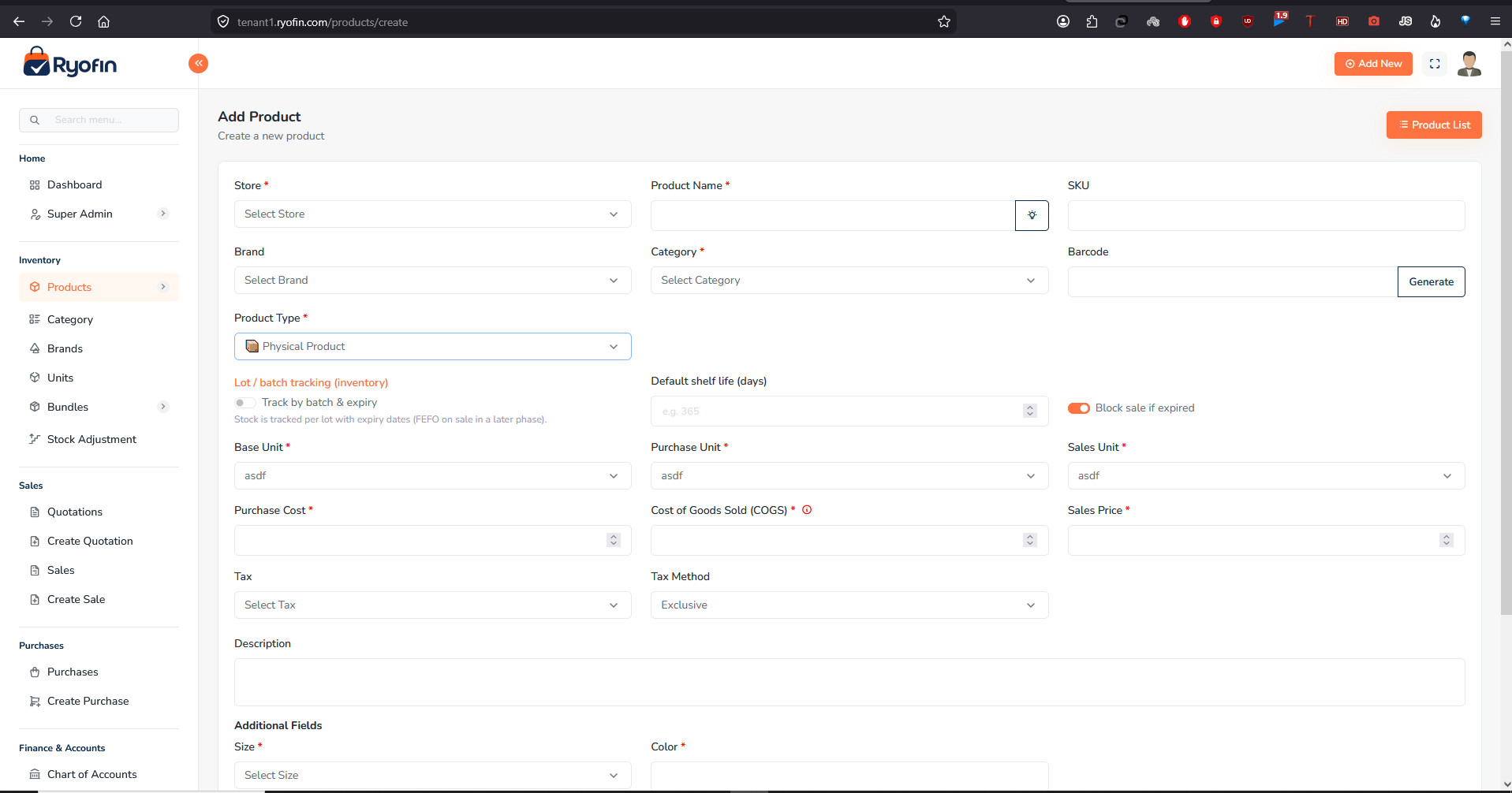 Add Product form — Physical type showing lot/batch tracking toggle, units, and COGS