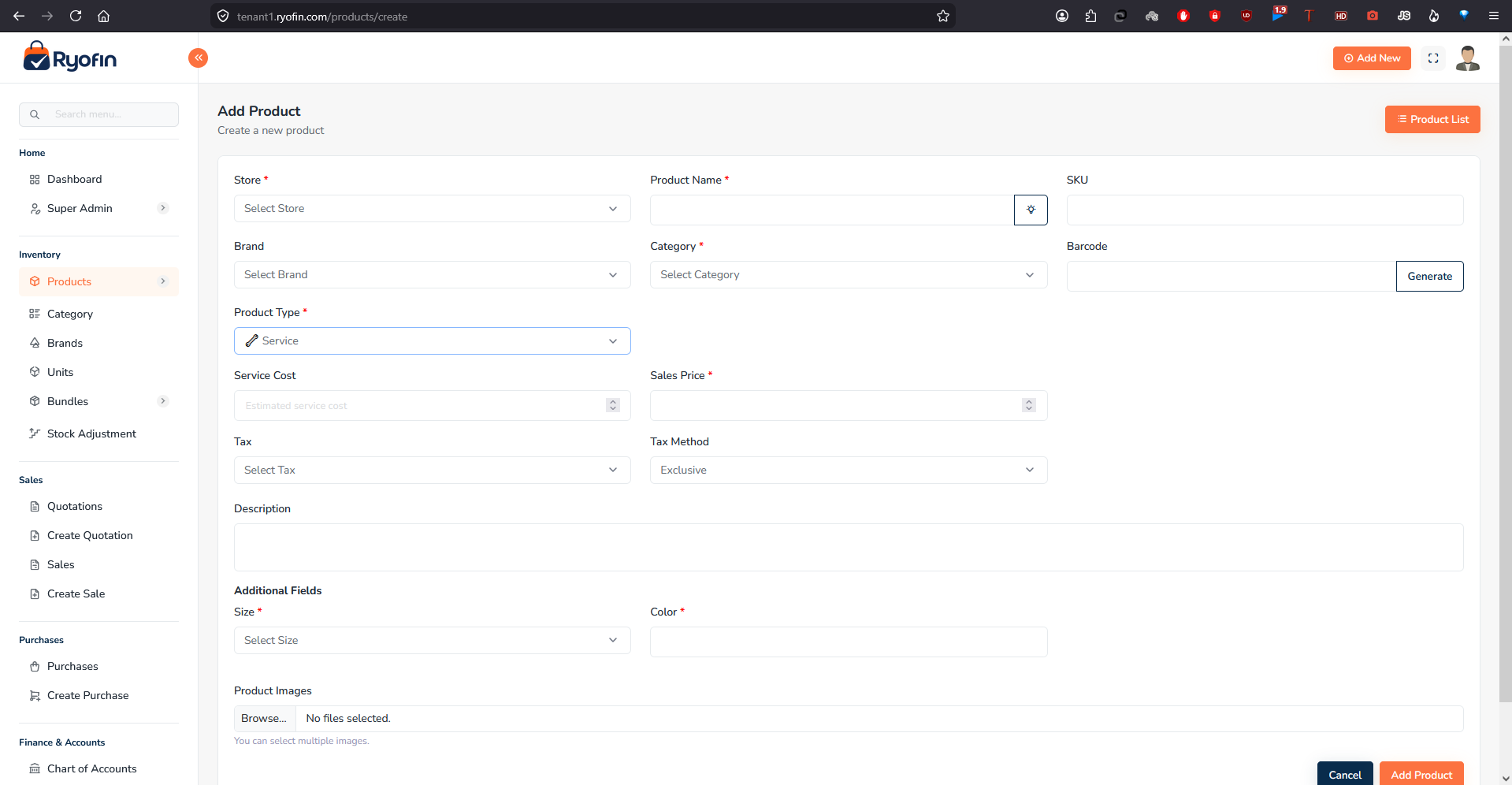 Add Product form — Service type showing Service Cost, no units or stock fields