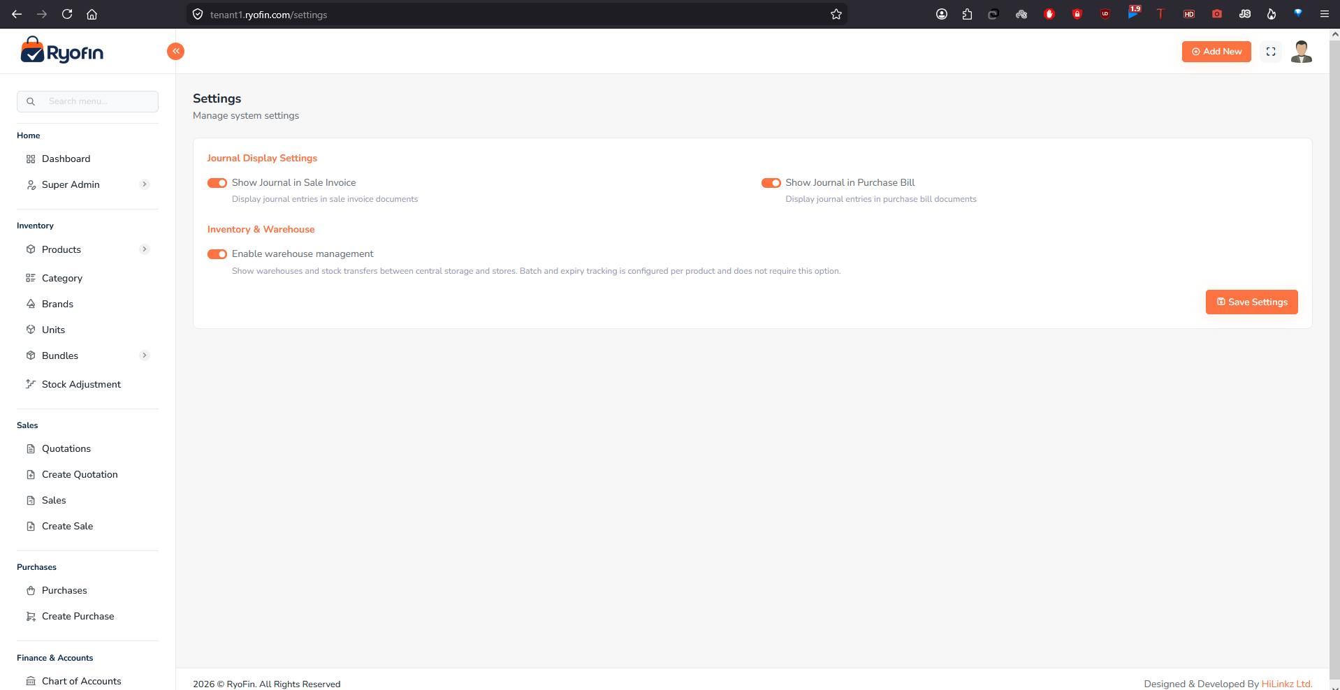 Settings page showing Journal Display and Warehouse Management options