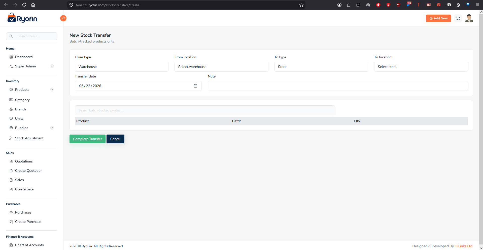 New Stock Transfer form showing From/To location, date, and line items