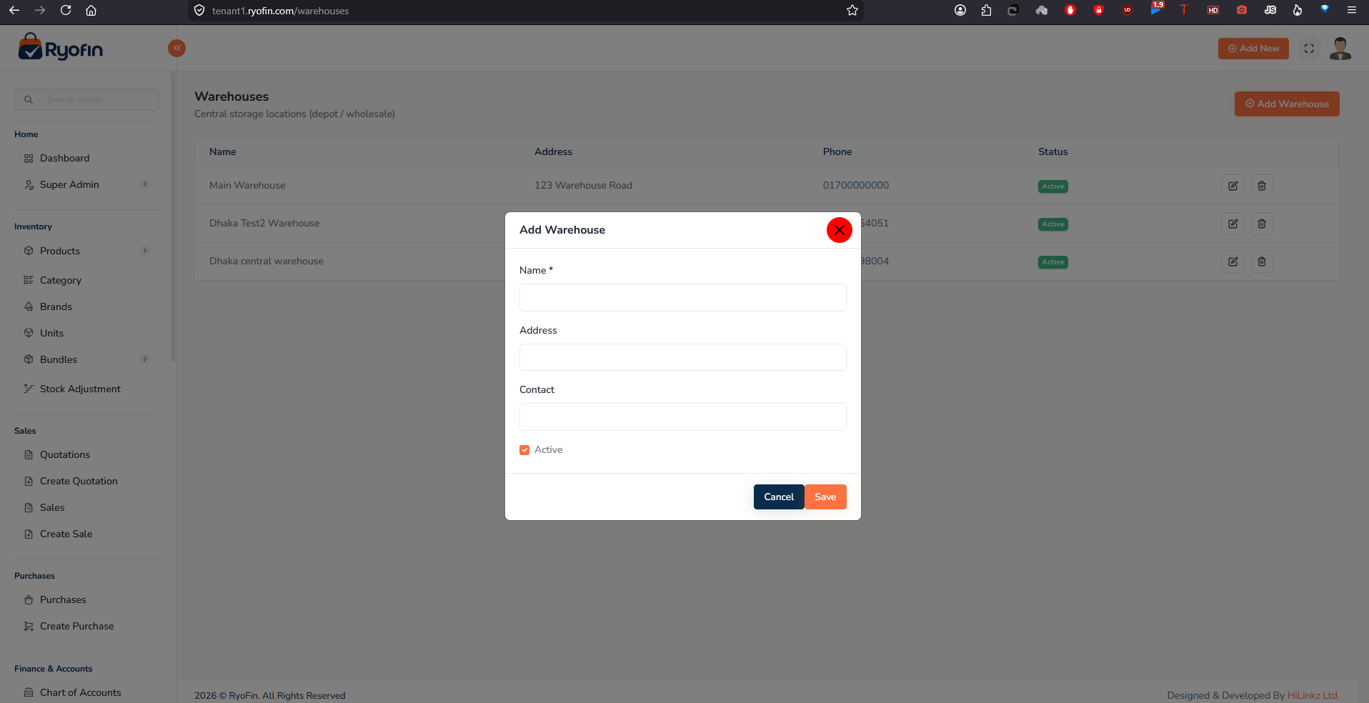Warehouse list and Add Warehouse form